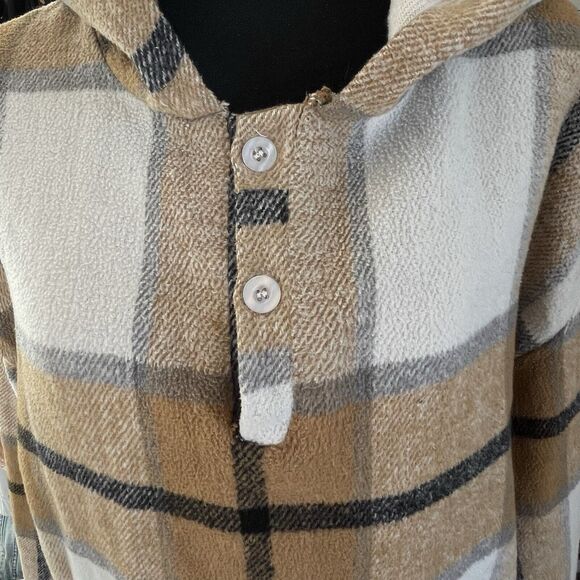 BEAUTS AND BEAUS Women’s L Pullover Hoodie Thick Flannel Tan Plaid - Picture 3 of 8